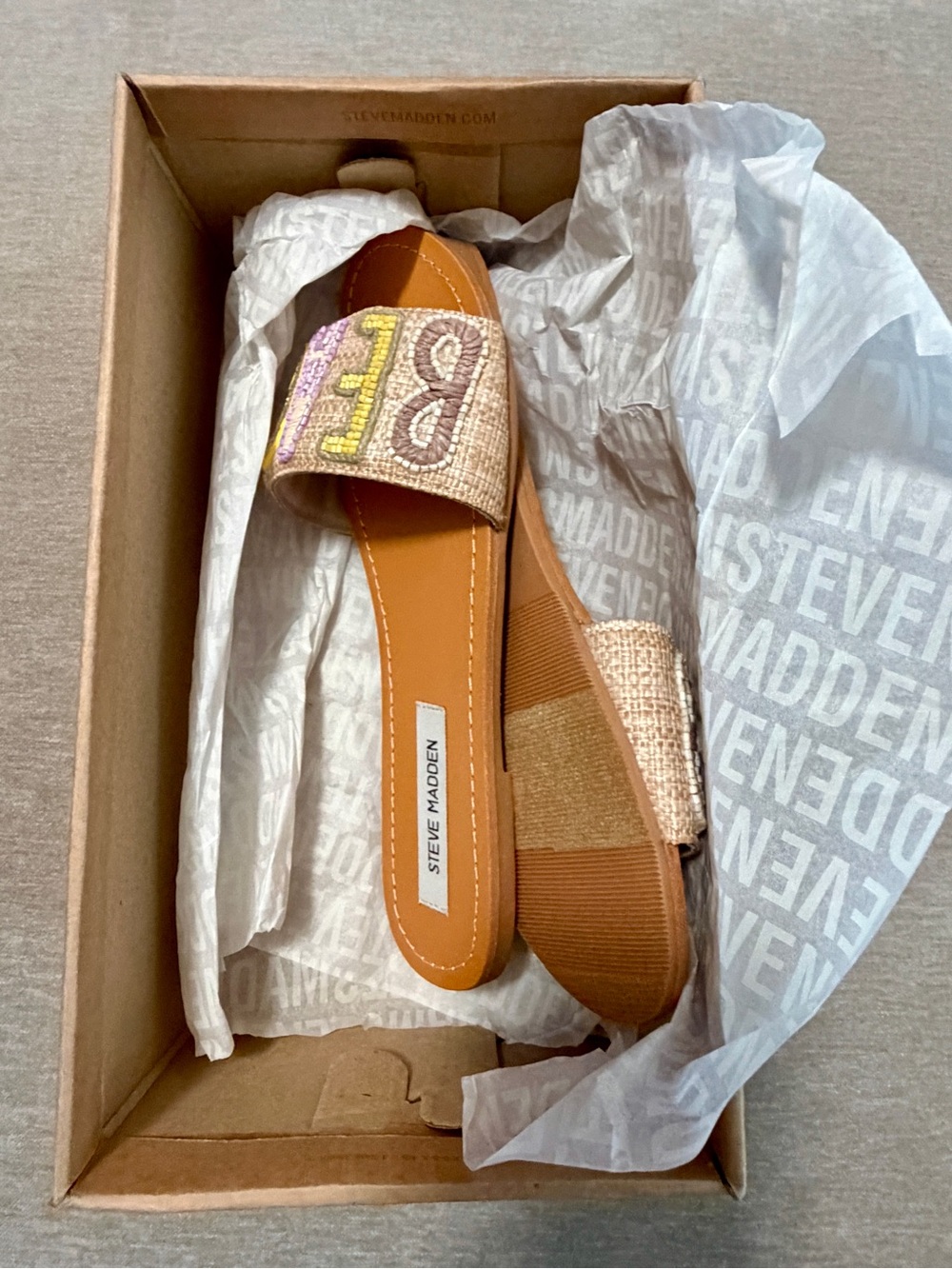 Steve Madden Tan Slide Sandals with Yellow & Purple Beaded 'BEACH' Strap - Picture 4 of 5